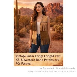 Vintage Suede leather Fringe Fringed Vest XS-S Western Boho Patchwork 70s